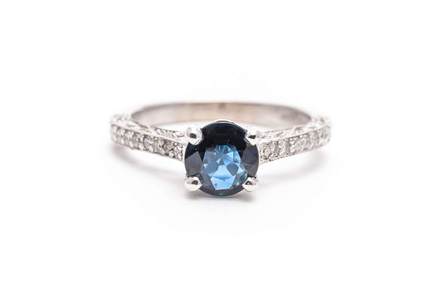 Vintage Sapphire Diamond  Engagement  Ring  in 14k White  