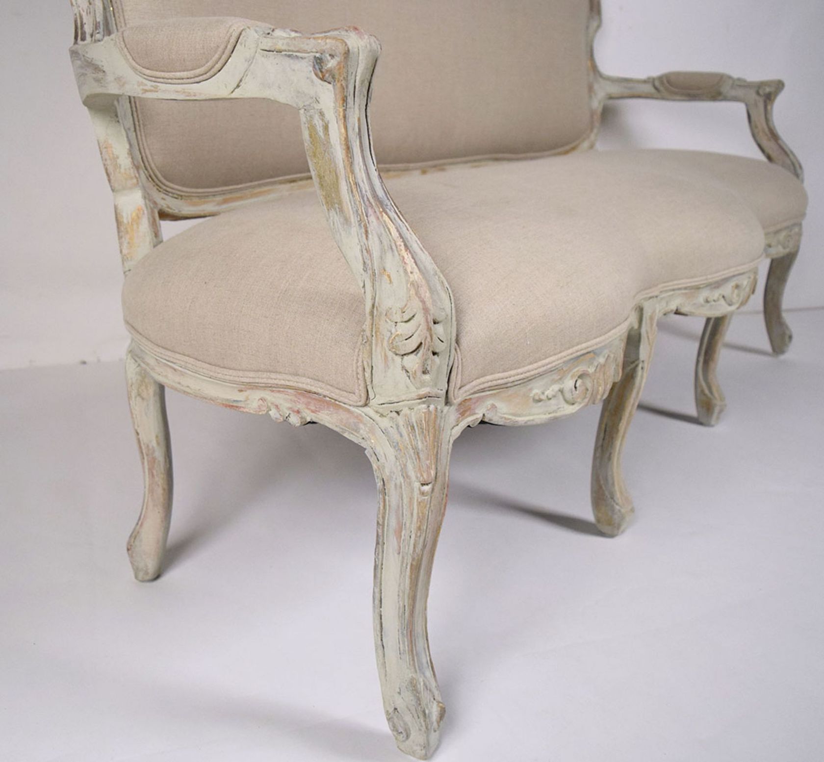 Antique French Louis XV-style Gilt Painted Carved Sofa for sale on Luxify