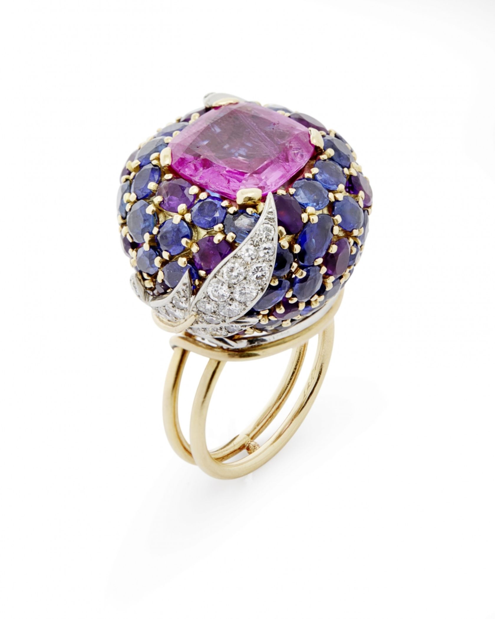 a gold, pink sapphire, diamond and amethyst bombé ring, by jean