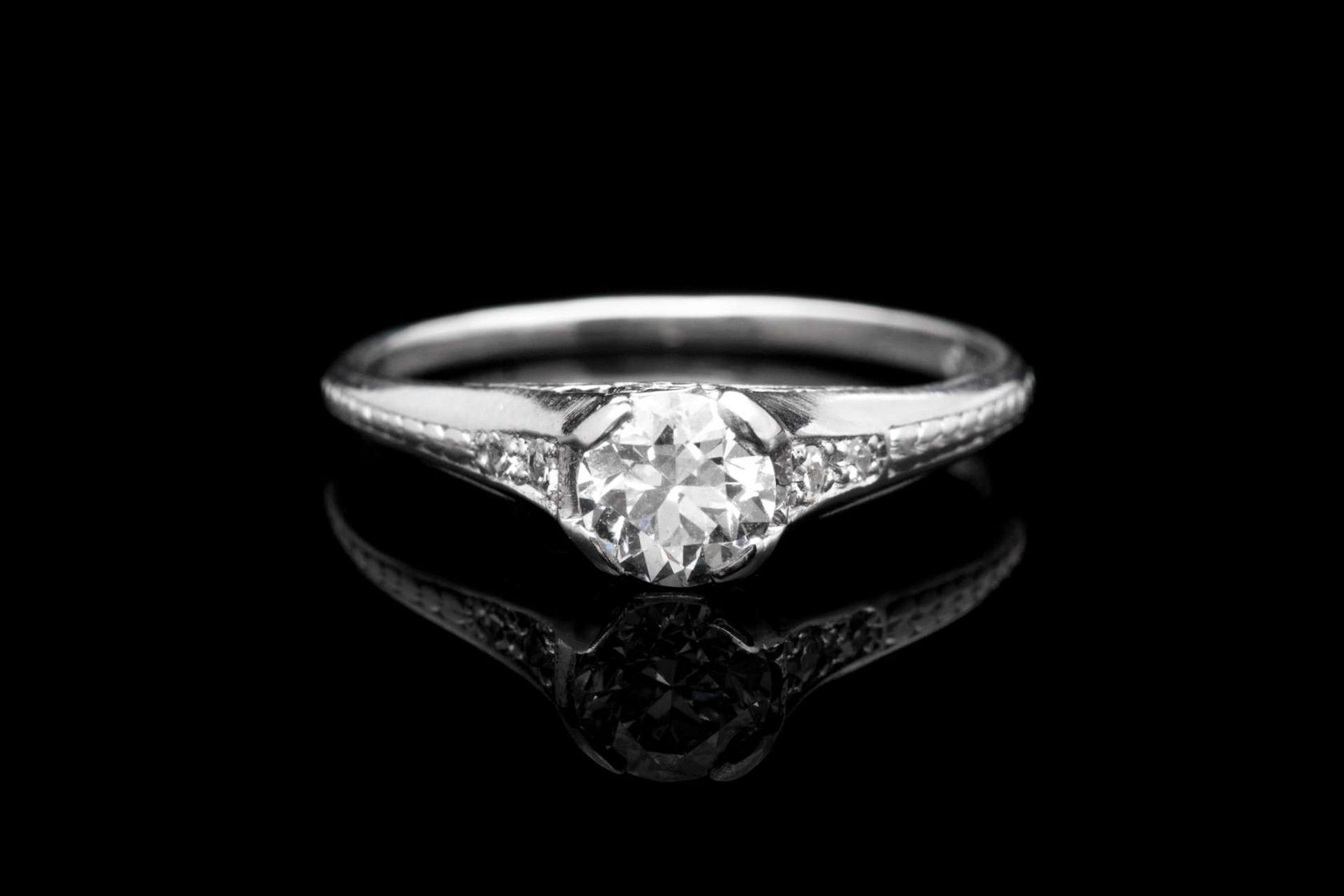 Hand Engraved  Art Deco Diamond Engagement  Ring  in Platinum 